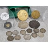 Collection of coins including Normandy 1944 coin, pre-decimal coins and victorian model penny