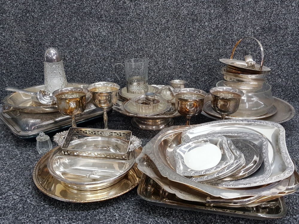 Large box of misc. silver plated pieces inc goblets etc.