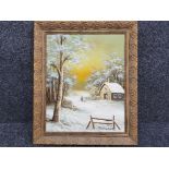 A continental oil painting by Schiller, winter landscape with figure by a cottage, signed, 49 x