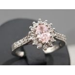 Ladies 9ct white gold CZ and pink stone cluster ring, 2.9g gross, size O