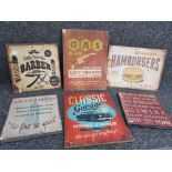 6x reproduction wooden advertising signs inc. classic garage, barber shop and homestyle hamburgers