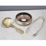 Sterling silver hair receiver lid (18.5g), as well as silver plated spoon and sugar tongs