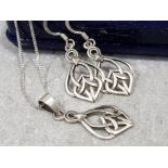 Sterling silver celtic design earrings, pendant & chain, 5.2g