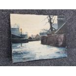 Unframed industrial winter landscape, oil on canvas by Danish artist Roald Hanson