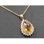 Ladies 9ct yellow gold citrine and CZ pear shaped cluster pendant, with yellow gold chain,