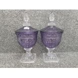 Pair of flashed amethyst and flint lidded urns with covers 33.5cm