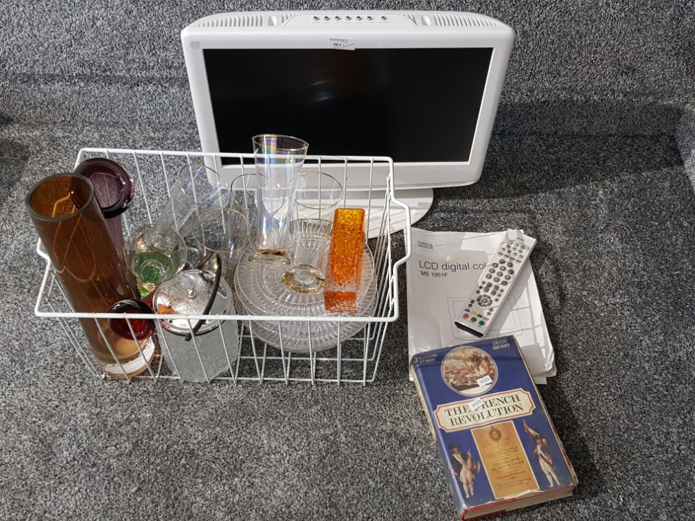 An M & S tv with remote and user guide, glassware to include a whitefriars style orange vase, and