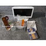 An M & S tv with remote and user guide, glassware to include a whitefriars style orange vase, and