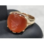 Gents 14ct yellow gold carnelian intaglio ring, 7.5g gross, size S