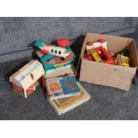 Box containing vintage fisher price toys, includes airport & plane, farm, camper van, work bench and
