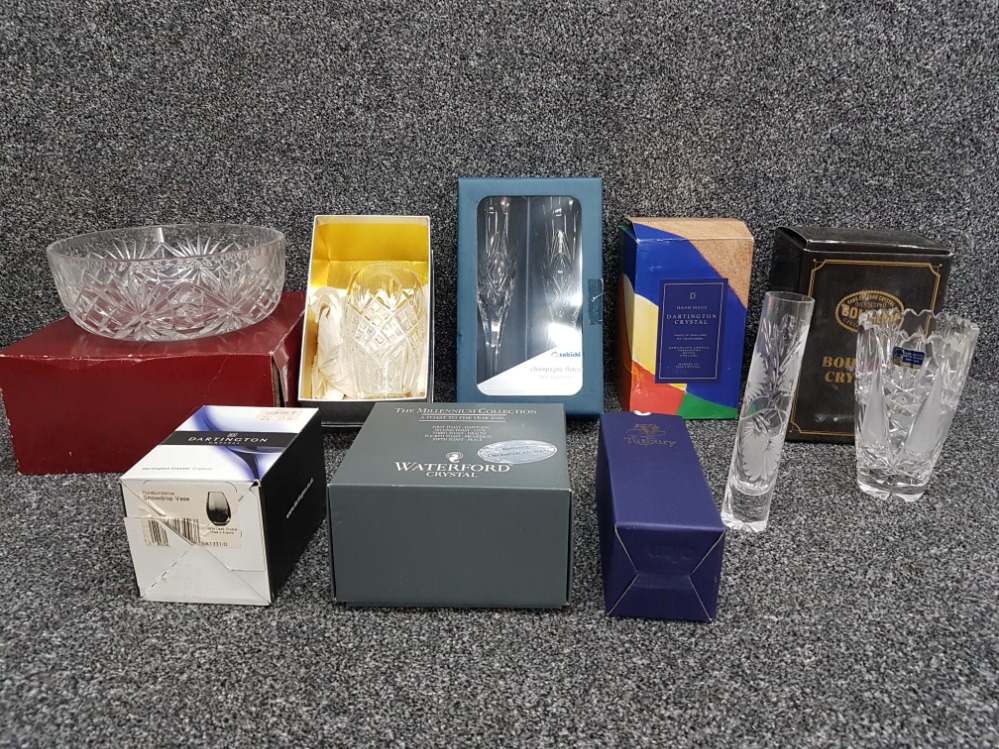 Cut crystal vases, bowls and drinking glasses to include Waterford Crystal etc.