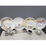 Collection of coalport nursery rhyme dishes + selection of silver plated kitchenware