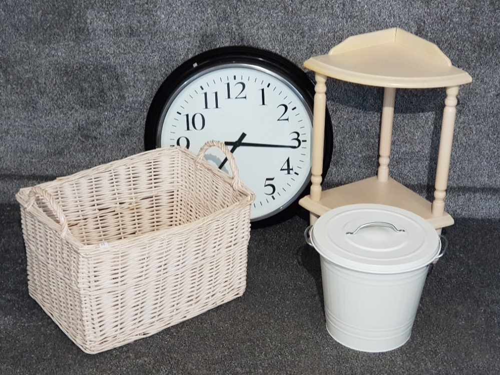 Large wall clock with corner shelf unit and bin with lid