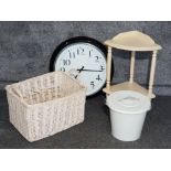 Large wall clock with corner shelf unit and bin with lid