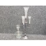 Silver plated epergne stand with 4 glass flutes plus 1 other epergne all glass