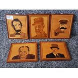 Five marquetry pictures by Bob Neale, political leaders, 15 x 13cm.