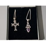 Silver Celtic cross and Celtic amethyst set pendant both with silver chains, 6.4g gross