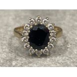 Ladies 9ct gold Sapphire and CZ cluster ring. 3G size M