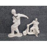 2 large ceramic figures man on vespa and dancing man 38cm 27cm
