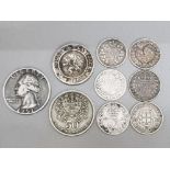 9 miscellaneous silver coins including 6 threepence coins dates 1886, 1889, 1998, 1899, 1916, 1938