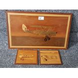 Three marquetry pictures by Bob Neale, planes, largest measures 28 x 46cm.