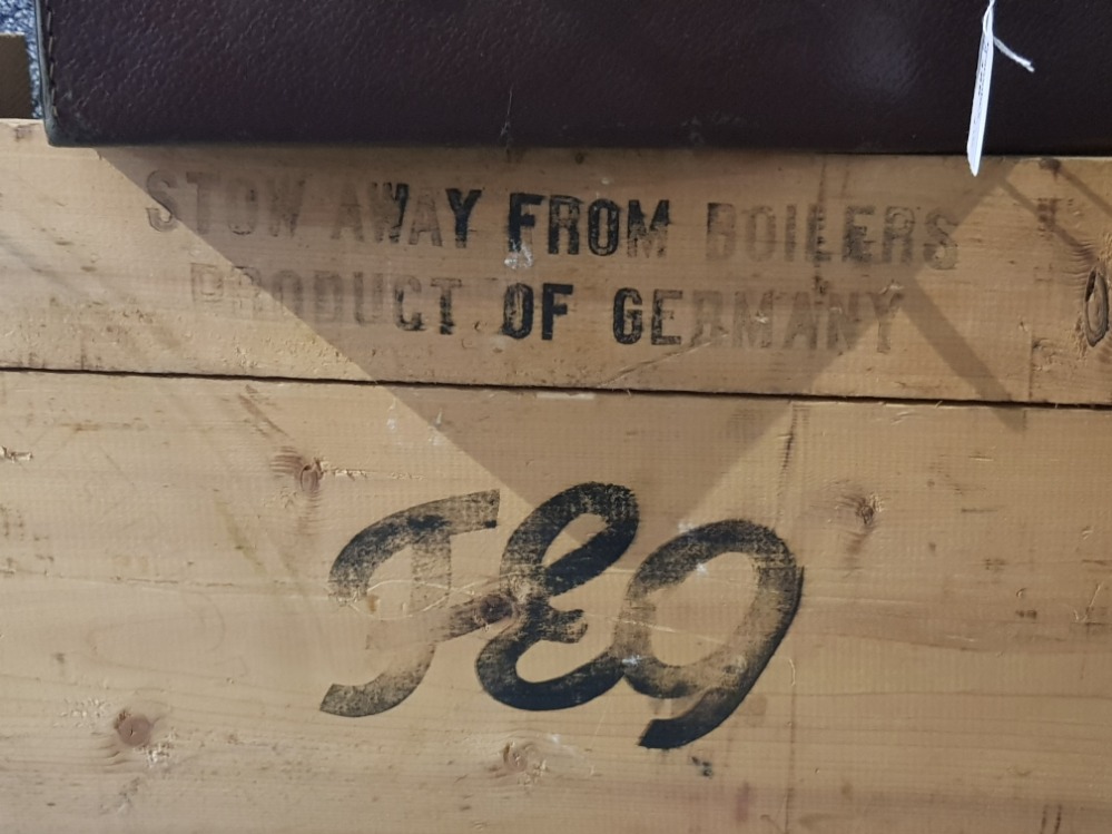 Three vintage brown suitcases and a german wooden crate. - Image 2 of 3