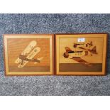 Two marquetry picture by Bob Neale, "Boeing Stearman" and "North American Harvard" planes, 25.5 x