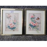 A pair of Chinese silk paintings depicting flowers with bird and butterfly, signed, 18 x 13cm.