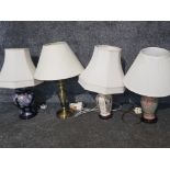 4 miscellaneous table lamps with shades, 1 metal and 3 porcelain