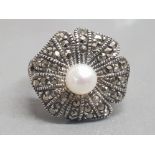 Silver and marcasite ring with centre pearl, 4.8g gross, size K½