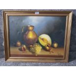 A continental oil painting, still life, indistinct signature, 44 x 59cm.