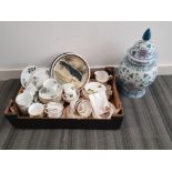 Box of mixed china, collectors plates and large oriental style lidded vase