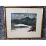 A watercolour of a river landscape with castle, indistinct signature, 17 x 23cm.
