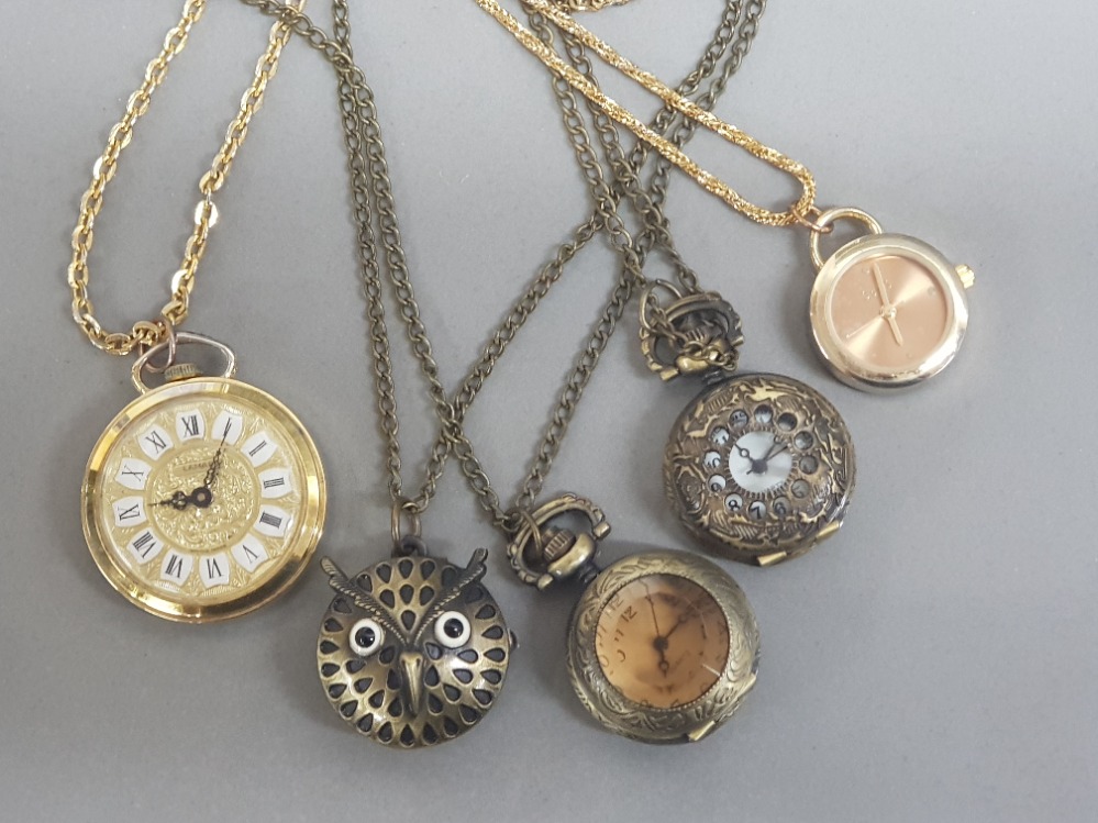 Collection of five pendant watches all with chains