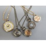 Collection of five pendant watches all with chains