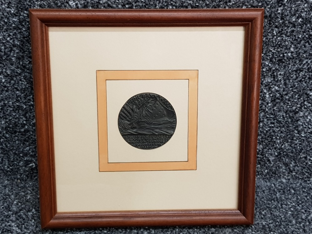 Framed reproduction of the 1915 German medal issued sinking of the S.S. Lusitania