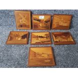 Swven marquetry pictures by Bob Neale, continental towns and houses, 15 x 13cm.