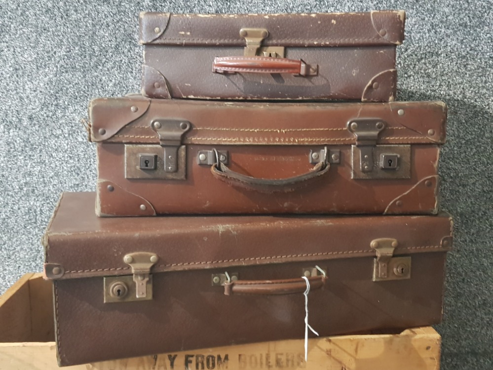 Three vintage brown suitcases and a german wooden crate. - Image 3 of 3