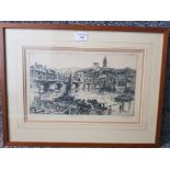An etching by Bert Bainbridge "The Old Tyne Bridge" signed inscribed and dated 1945, 23 x 36cm.