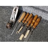 Vintage Stanley plane together with 6 chisels with wooden handles