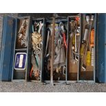 Metal cantilever tool box containing mixed vintage handtools mainly Spanners etc