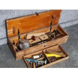 Large Vintage wooden tool chest containing miscellaneous vintage handtools