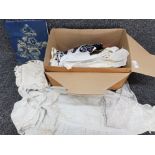 Box containing miscellaneous victorian christening gowns, oriental fabric and materials etc