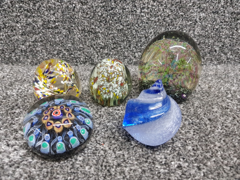 5 coloured glass paperweights including Murano Millefiori pattern etc