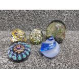 5 coloured glass paperweights including Murano Millefiori pattern etc