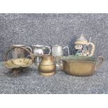 An Austrian Beerstein together with 3 tankards and 3 solid pieces of brassware