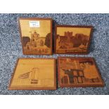 Four marquetry pictures by Bob Neale, local interest to include Bamburgh Castle and Civic Centre