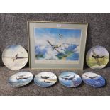 A signed print after Robert Taylor "Spitfire" 37.5 x 47.5cm, and six collector plates by Coalport