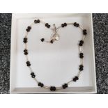 Silver and smokey quartz designer bead necklet with heart motif, 28.8g gross