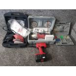 A Power Drill angle grinder and sander, together with a tesco 9.6v cordless drill and bits.